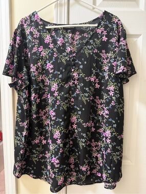 Black Floral Short Sleeve Blouse with Pink & Green Print